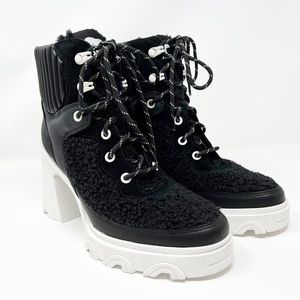 Sorel Brex Cozy Lace Waterproof Boot Black, Sea Salt Chunky Heel 9.5